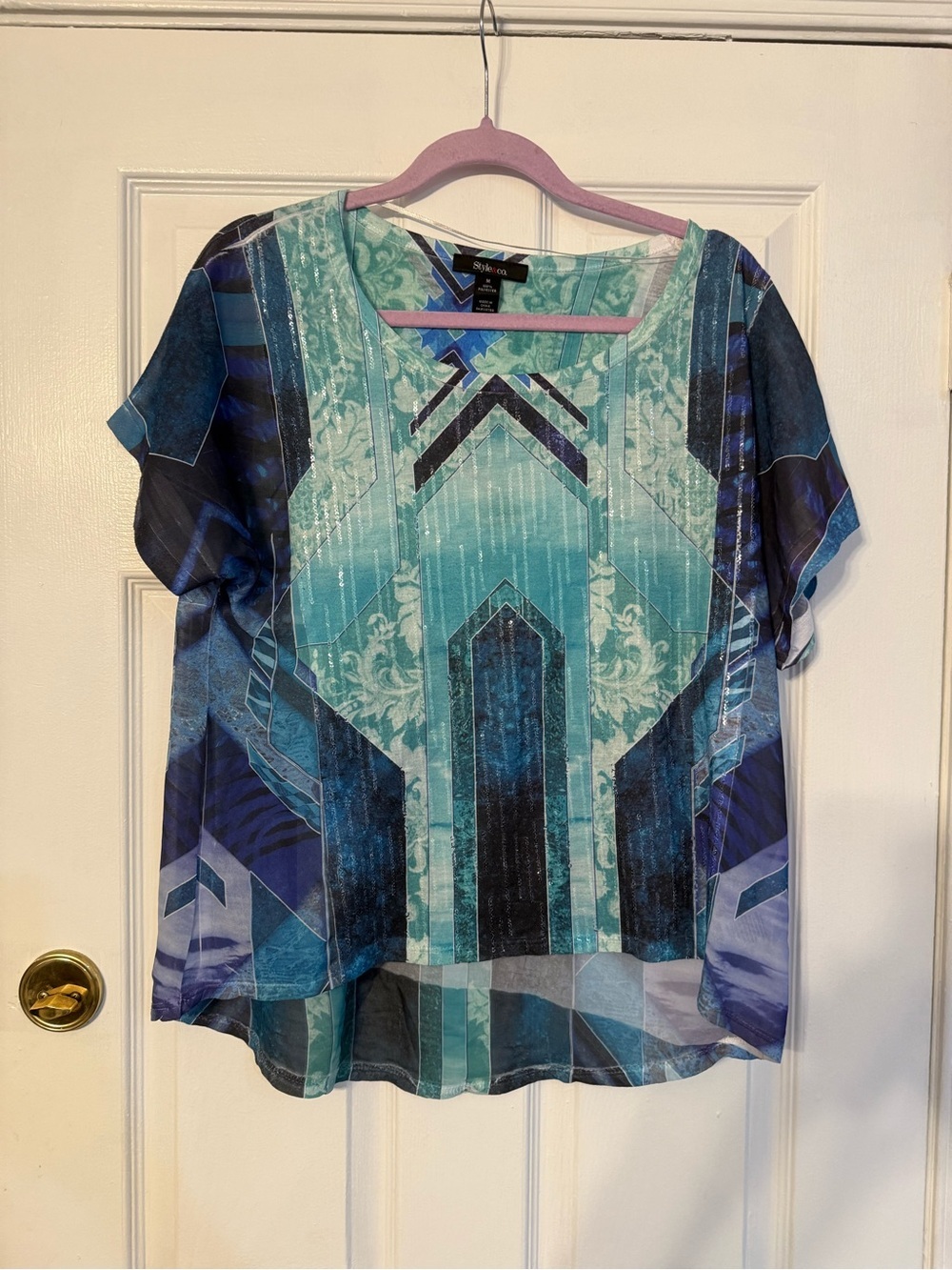 Style & Co. Teal and Blue Geometric Short Sleeve Blouse